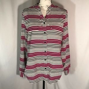 Coral Bay Woman's V-Neck Long Sleeve Button Cuff Striped Button Down Sz M